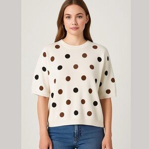 Enjoy Ivory Short Sleeve Brown Ombre Polka Dot Crewneck Sweater Size M/L